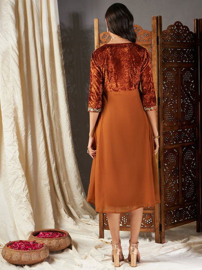 Rust Embroidered V-Neck Dress