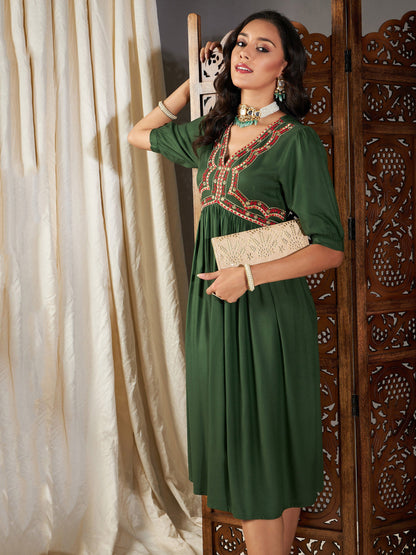 Green Embroidered Yoke Gathered Dress