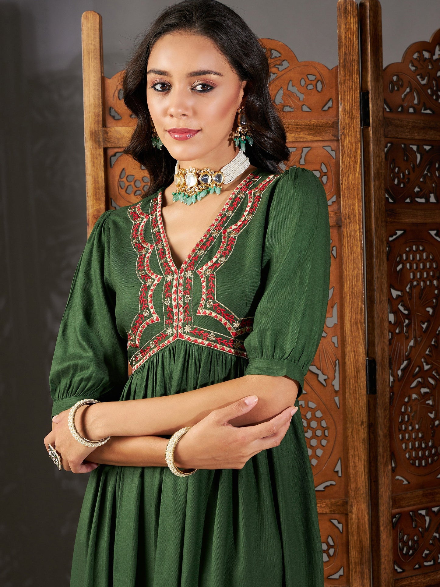 Green Embroidered Yoke Gathered Dress