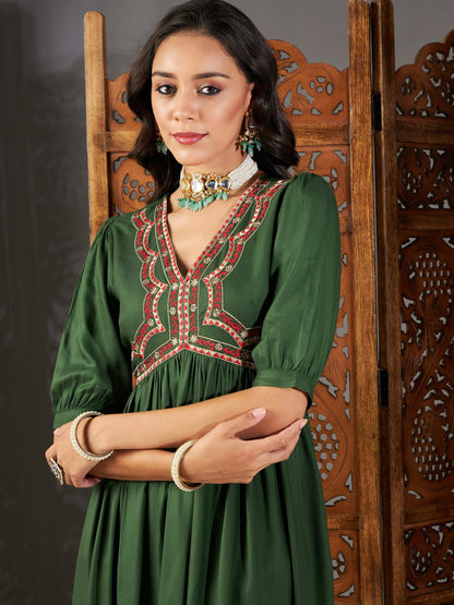 Green Embroidered Yoke Gathered Dress