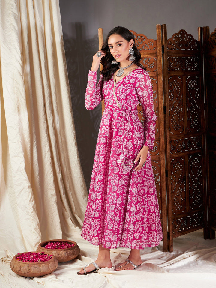 Pink Floral Wrap Anarkali Dress-Shae by SASSAFRAS