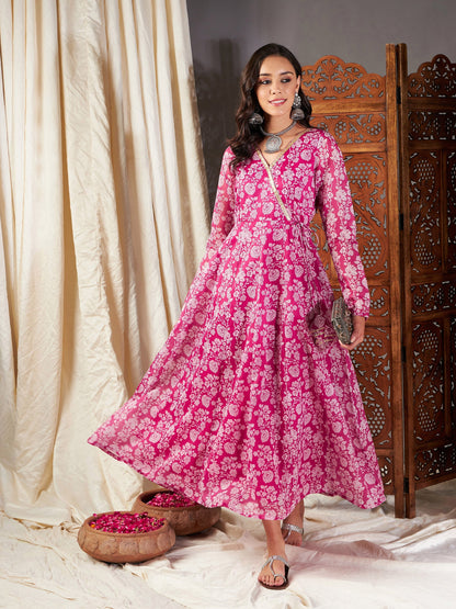 Pink Floral Wrap Anarkali Dress-Shae by SASSAFRAS