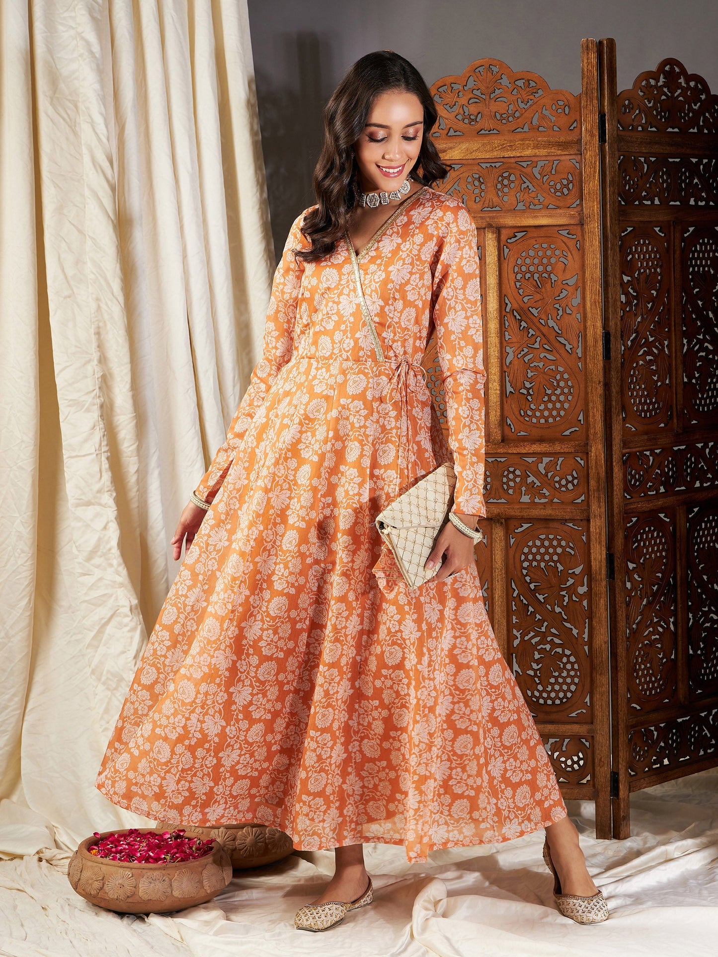 Mustard Floral Wrap Anarkali Maxi Dress