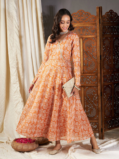 Mustard Floral Wrap Anarkali Maxi Dress
