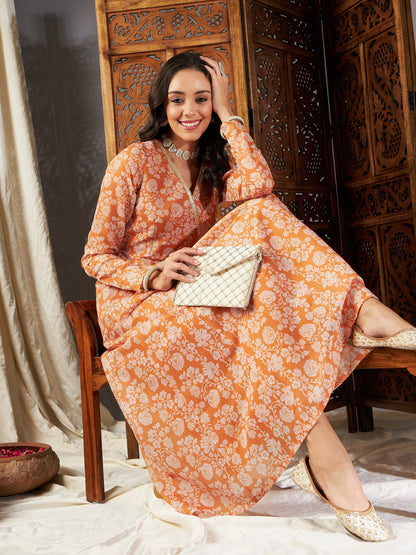 Mustard Floral Wrap Anarkali Maxi Dress