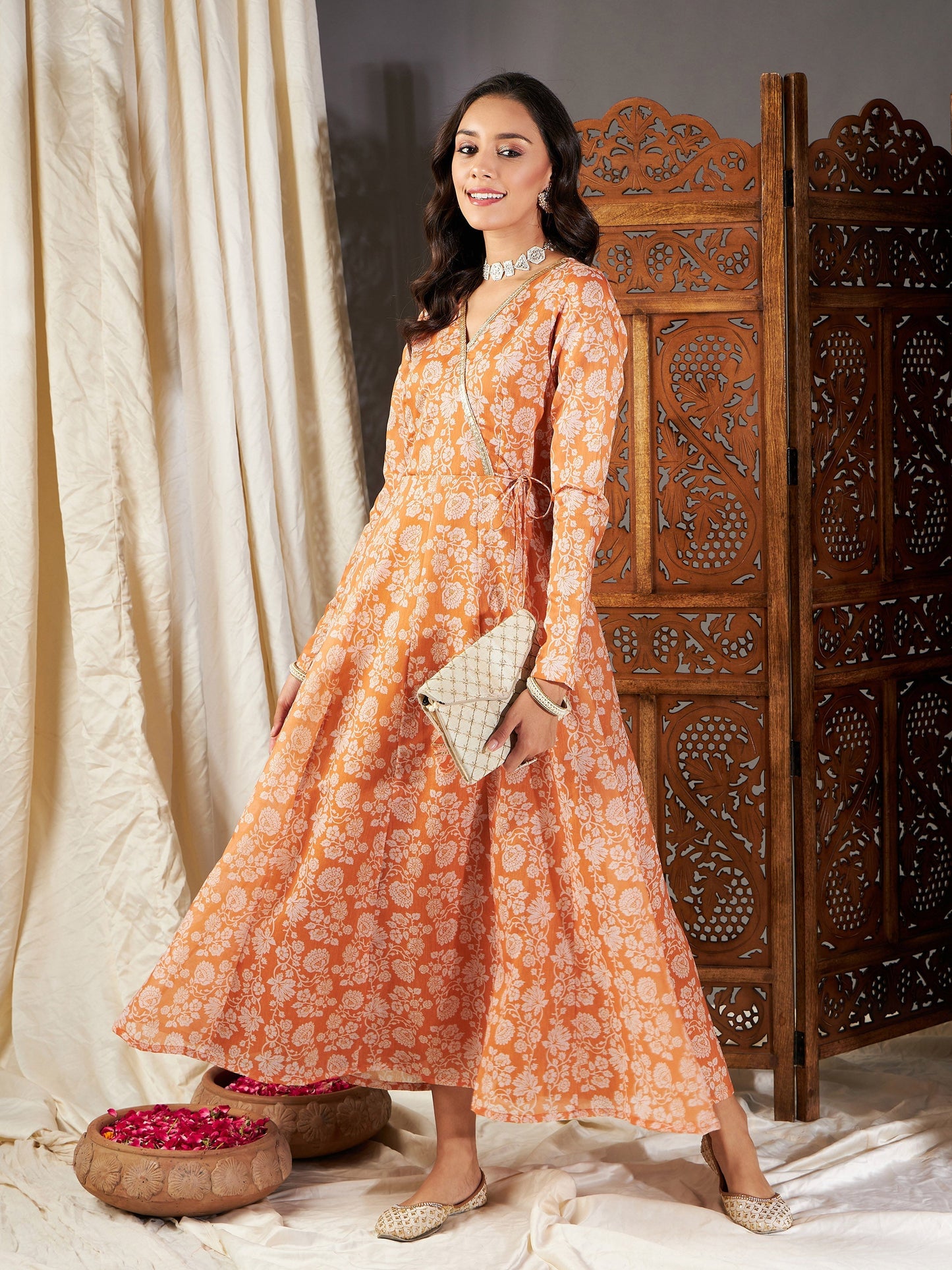 Mustard Floral Wrap Anarkali Maxi Dress