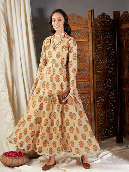 Beige Floral Anarkali Maxi Dress