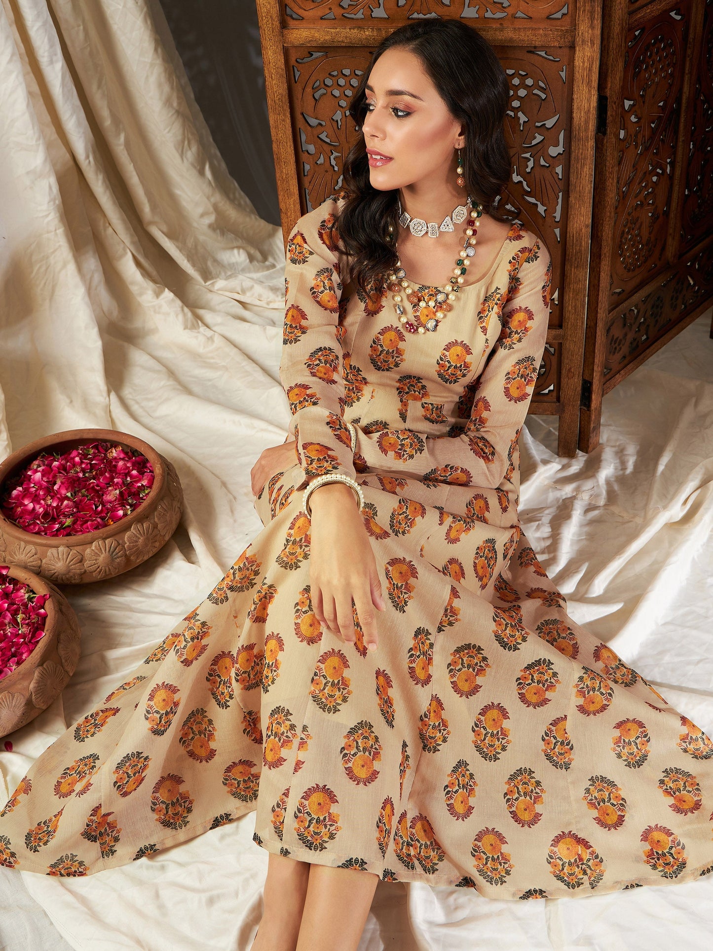 Beige Floral Anarkali Maxi Dress
