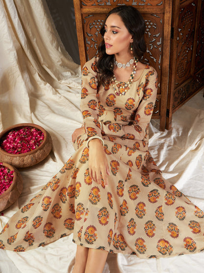 Beige Floral Anarkali Maxi Dress