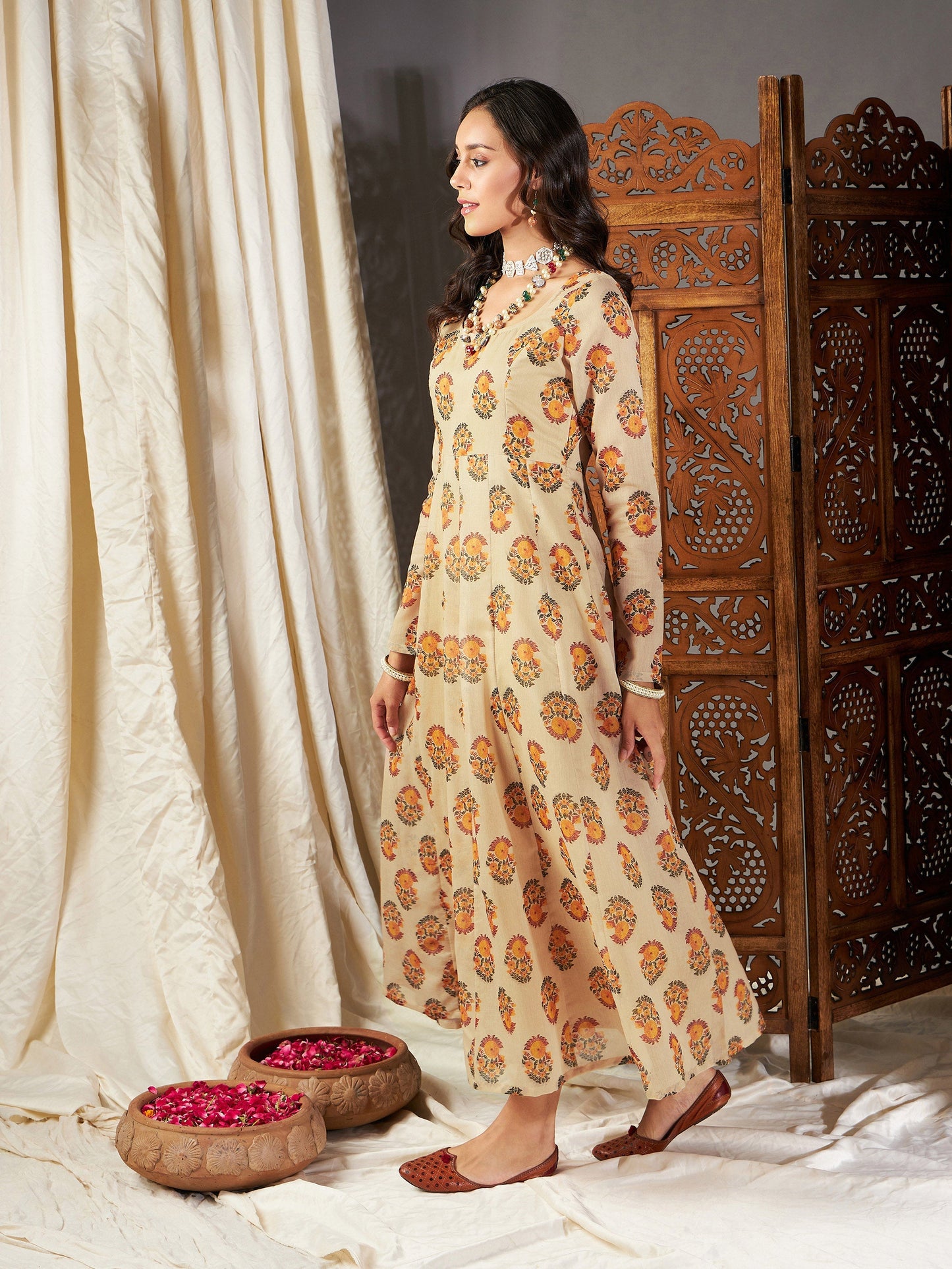 Beige Floral Anarkali Maxi Dress