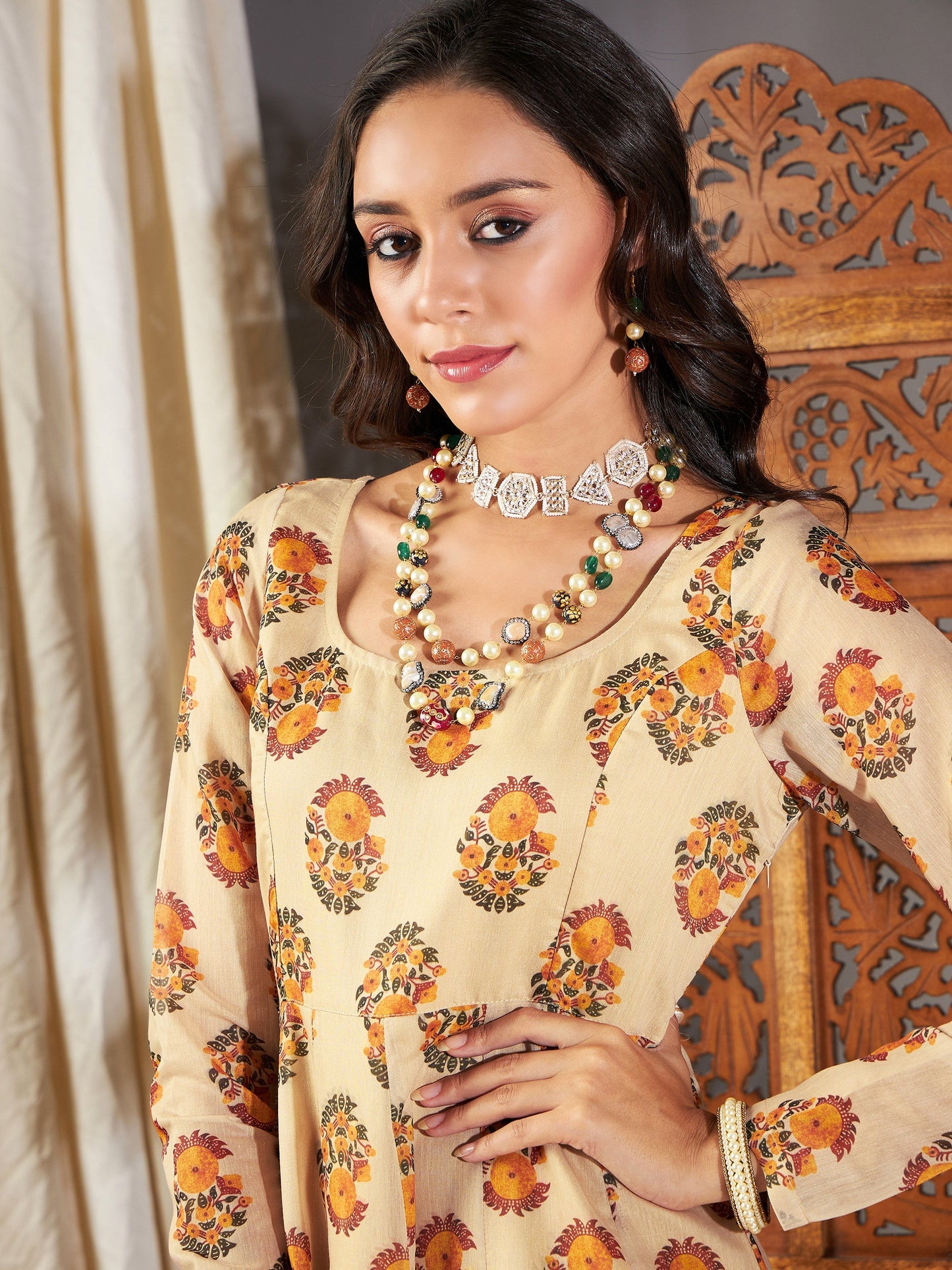 Beige Floral Anarkali Maxi Dress