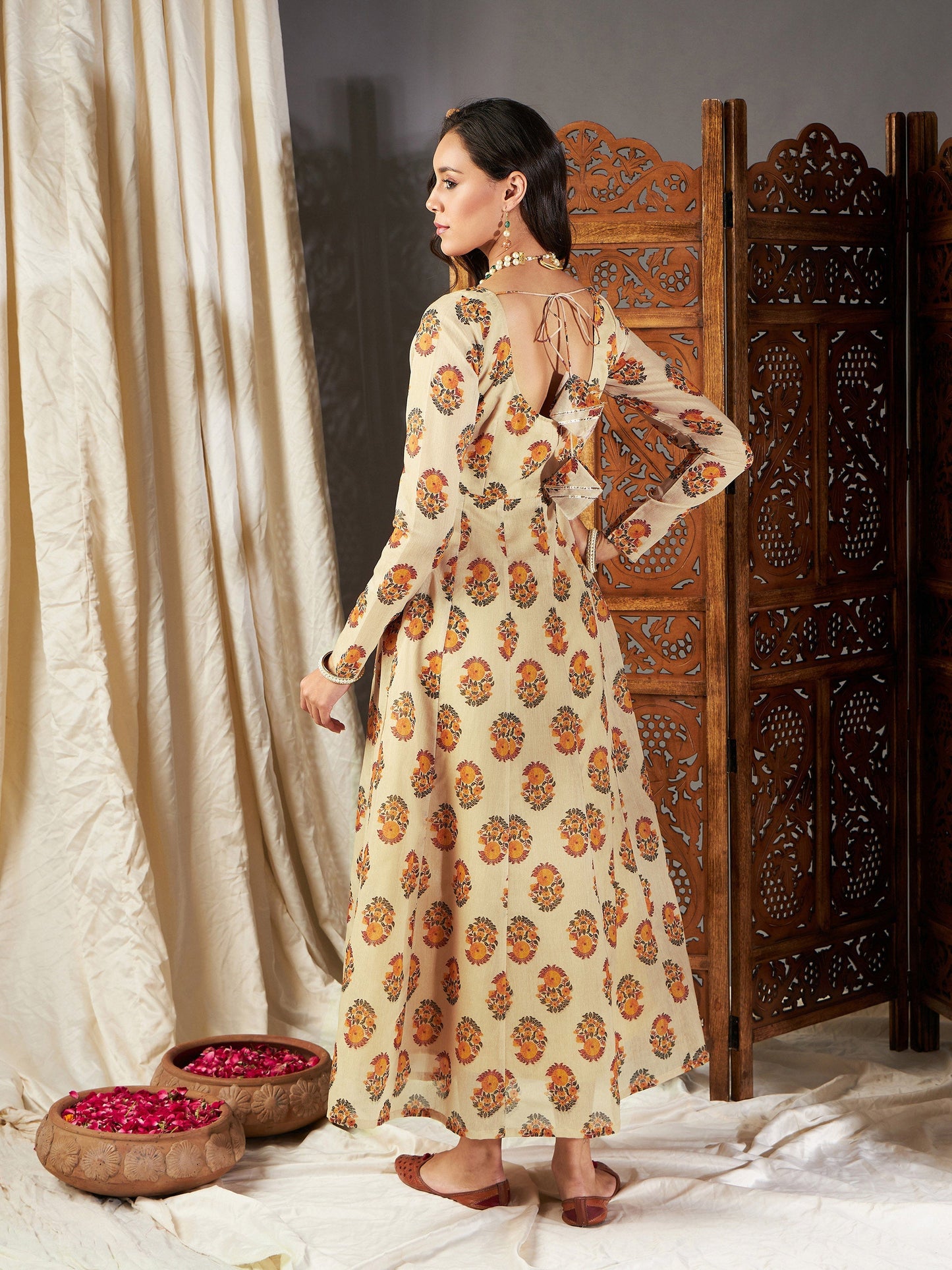 Beige Floral Anarkali Maxi Dress