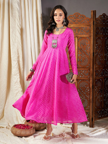 Pink Lehariya Anarkali Dress