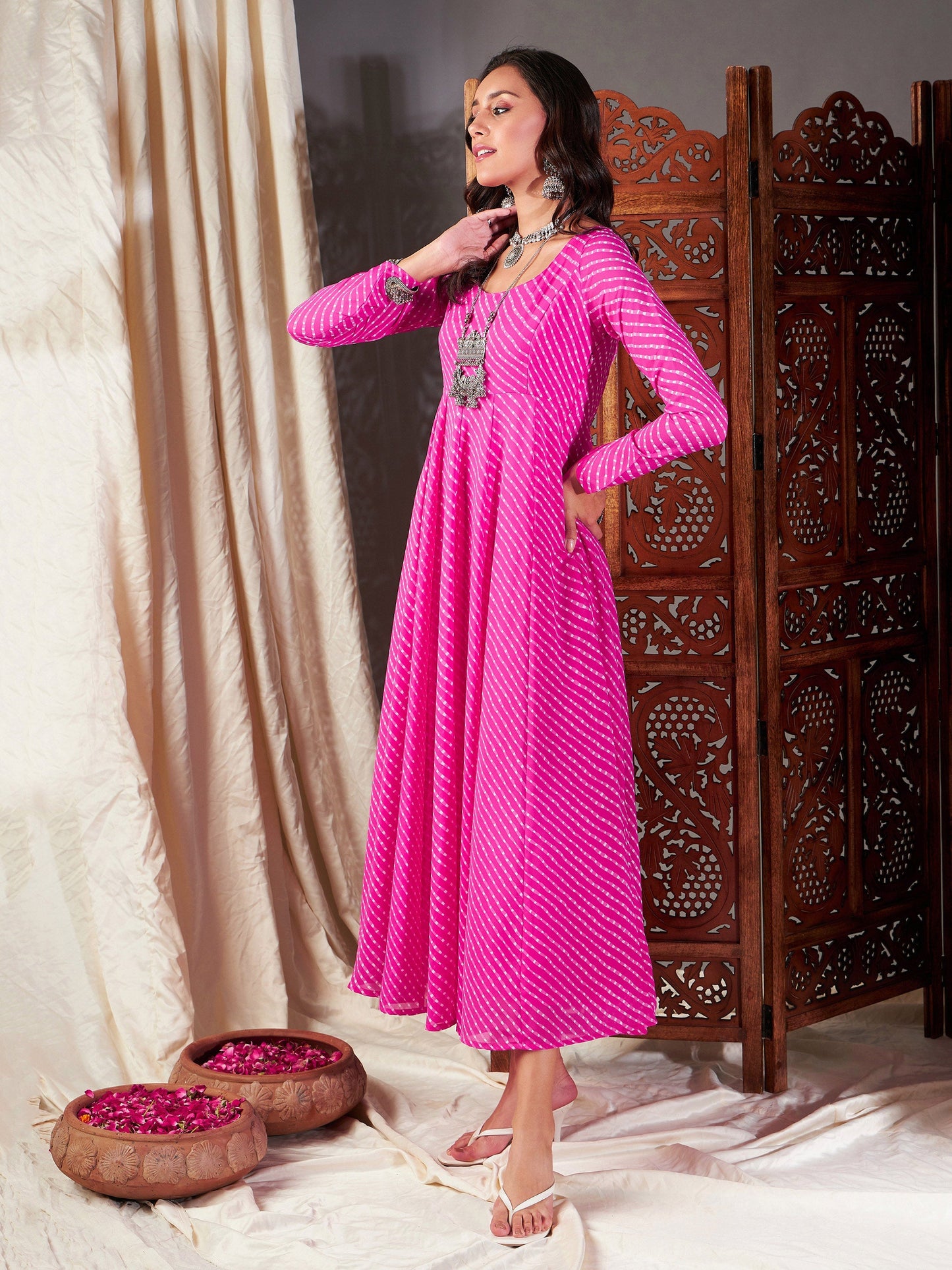 Pink Lehariya Anarkali Dress