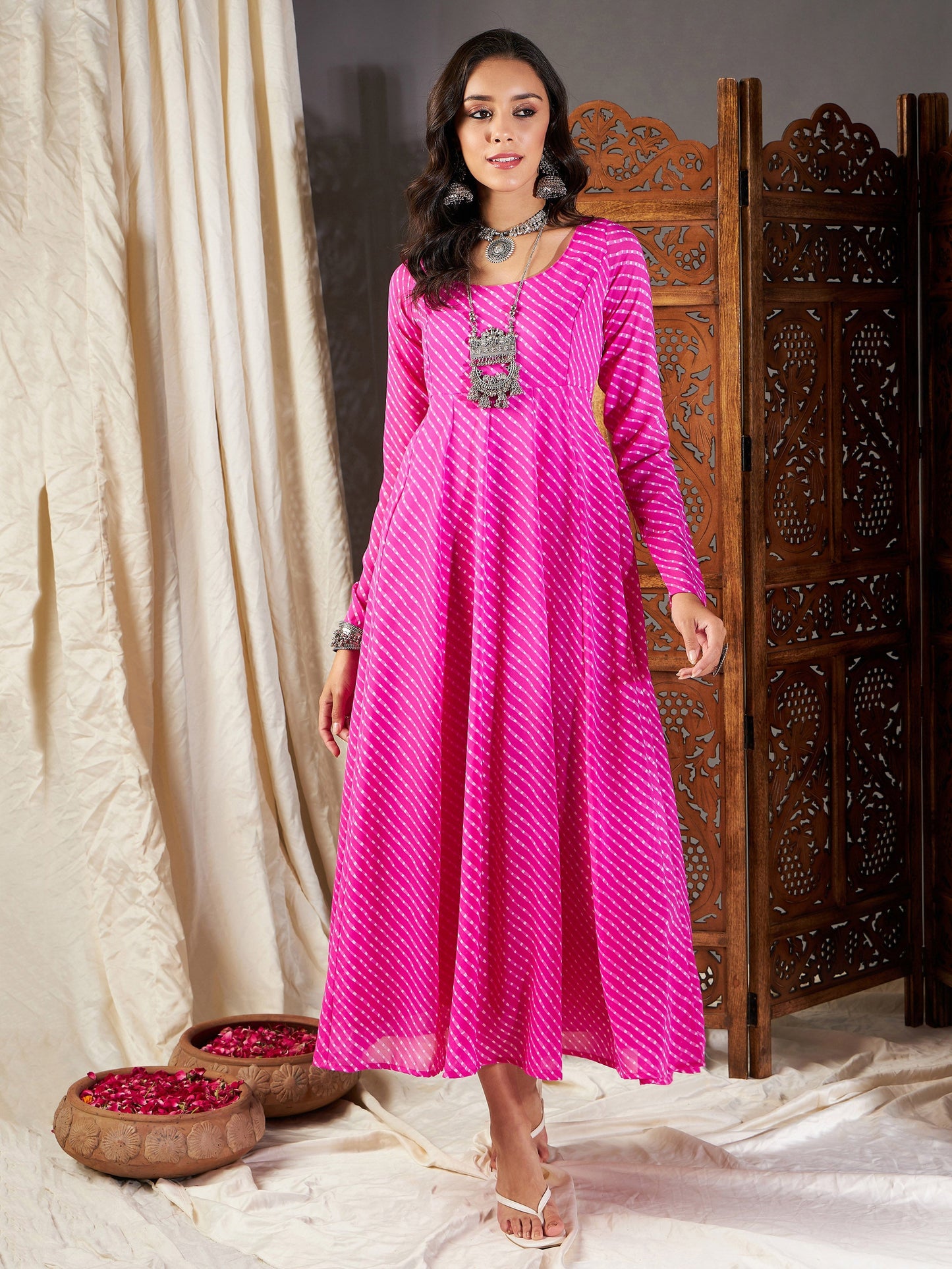 Pink Lehariya Anarkali Dress