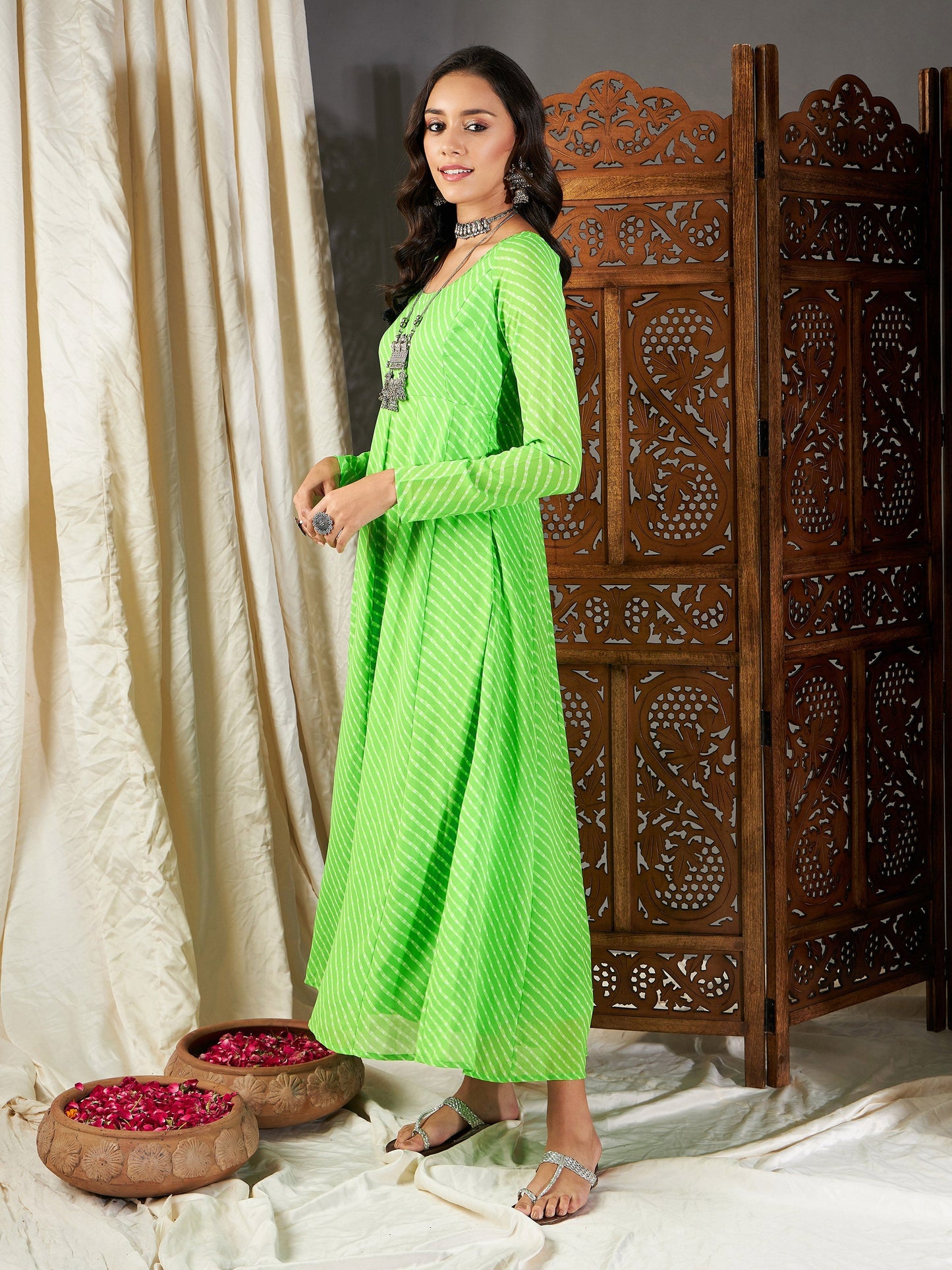 Green Lehariya Anarkali Dress