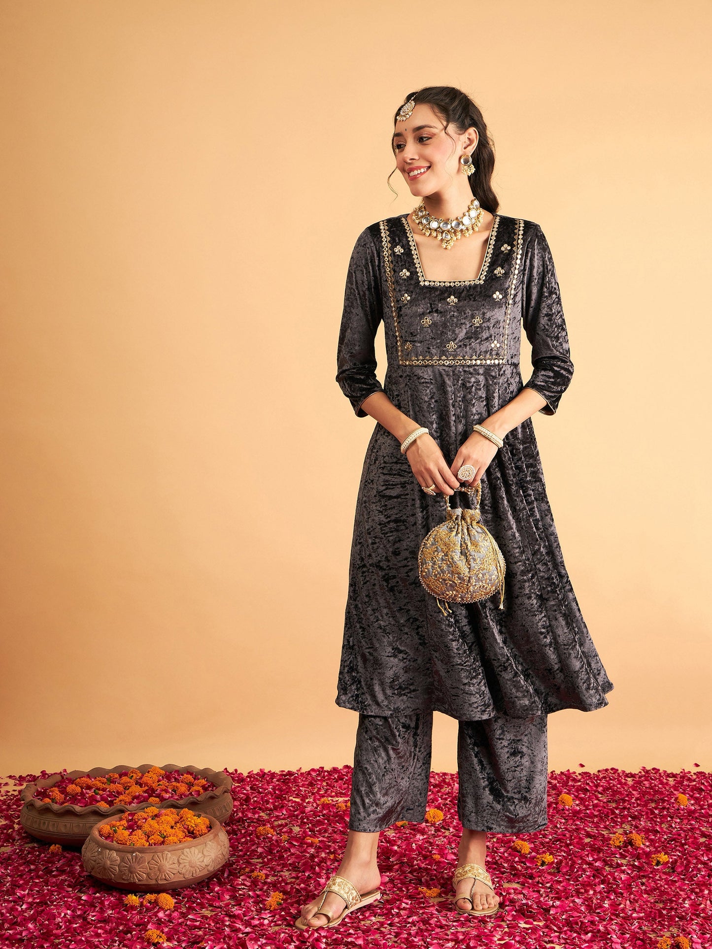 Grey Velvet Embroidered Anarkali Dress