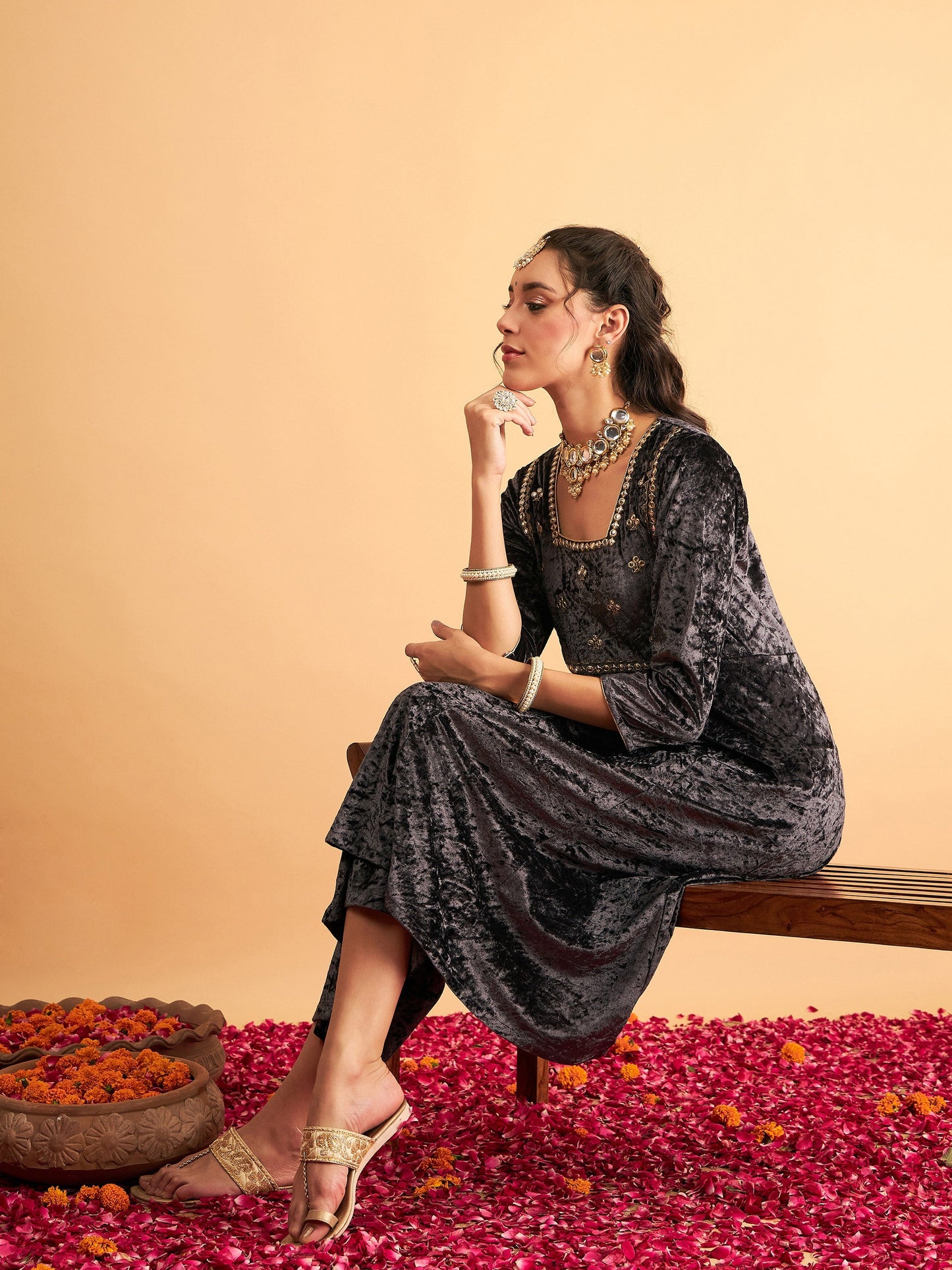 Grey Velvet Embroidered Anarkali Dress