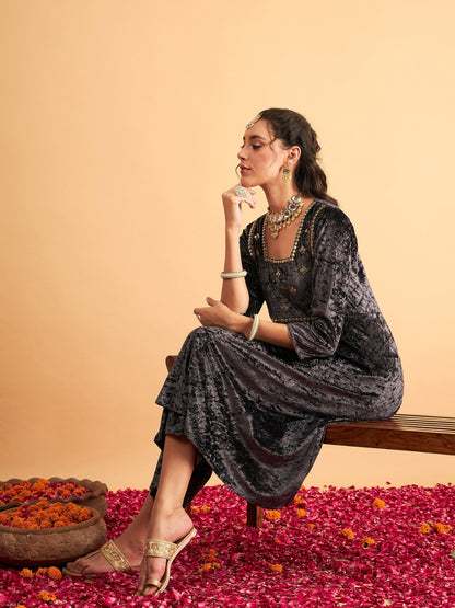 Grey Velvet Embroidered Anarkali Dress