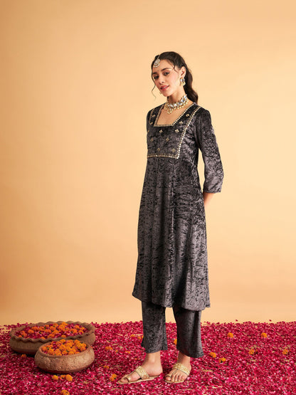 Grey Velvet Embroidered Anarkali Dress