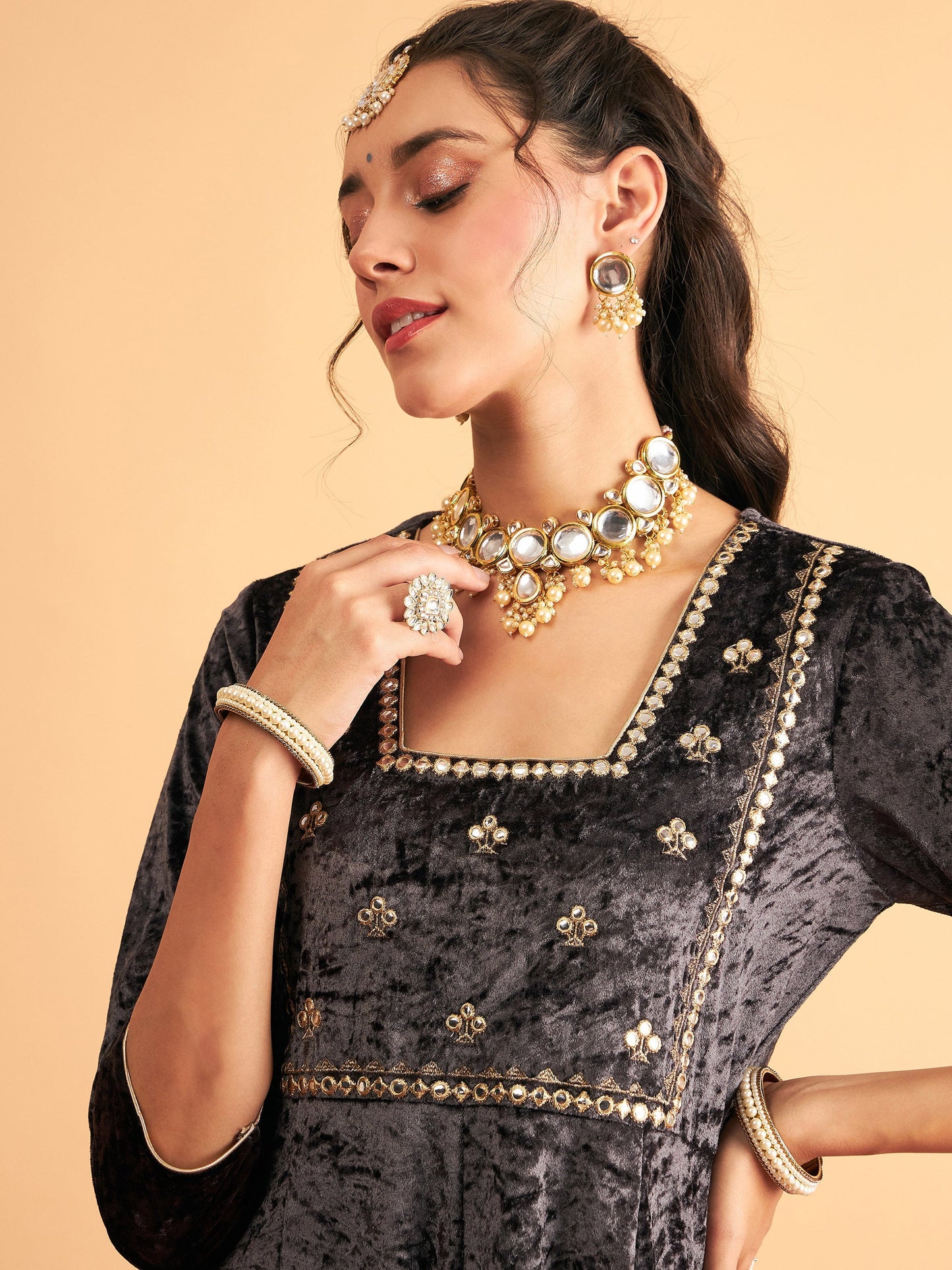 Grey Velvet Embroidered Anarkali Dress