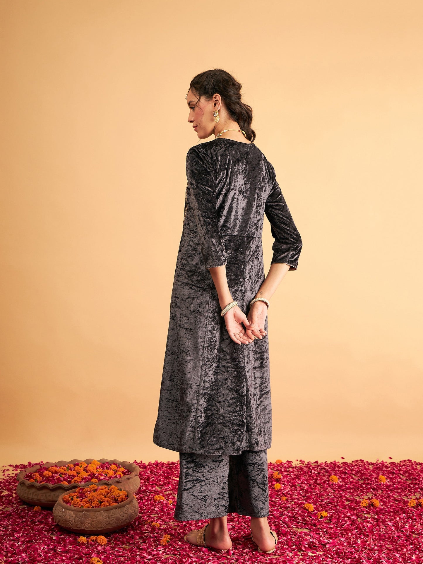 Grey Velvet Embroidered Anarkali Dress