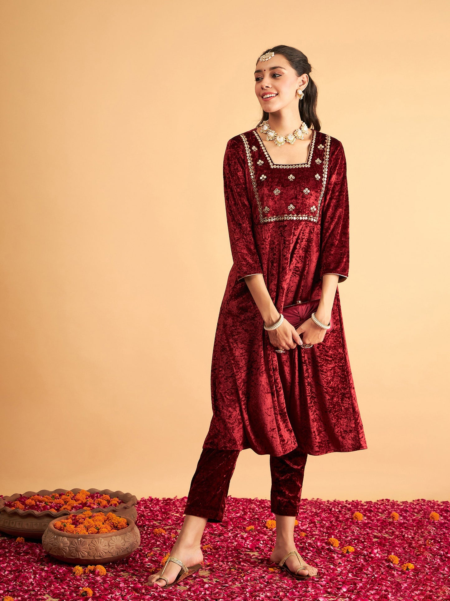 Maroon Velvet Embroidered Anarkali Dress-Shae by SASSAFRAS