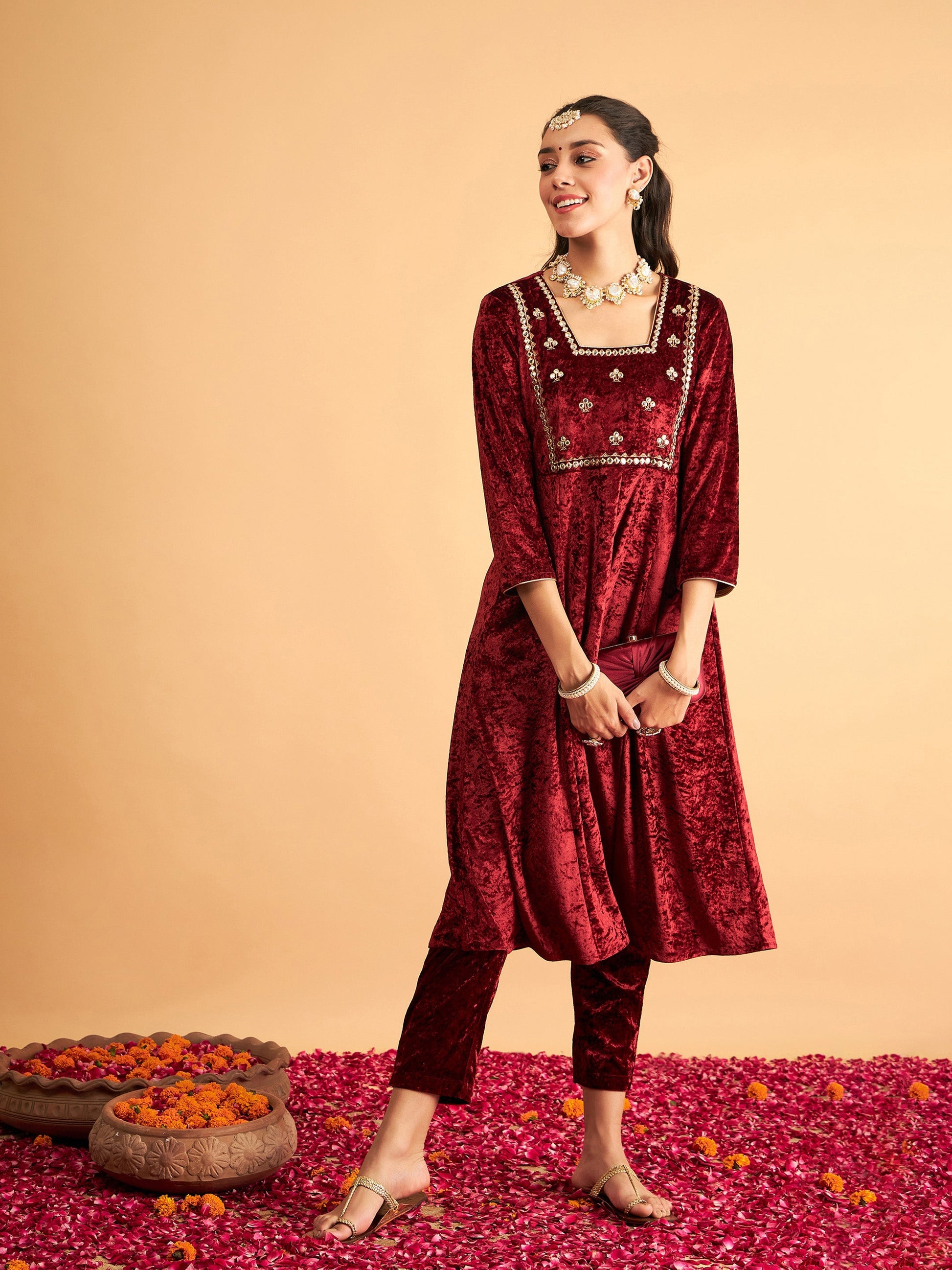 Maroon Velvet Embroidered Anarkali Dress-Shae by SASSAFRAS