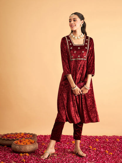 Maroon Velvet Embroidered Anarkali Dress-Shae by SASSAFRAS