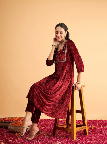 Maroon Velvet Embroidered Anarkali Dress-Shae by SASSAFRAS