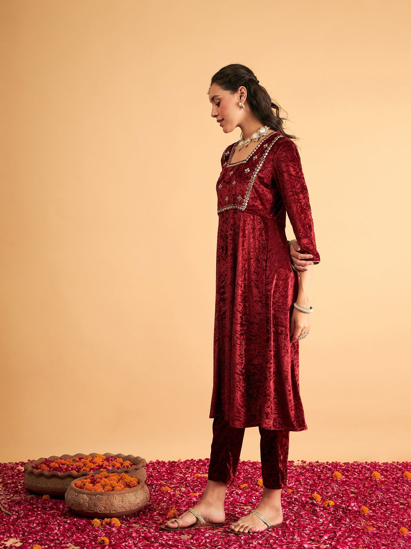 Maroon Velvet Embroidered Anarkali Dress-Shae by SASSAFRAS
