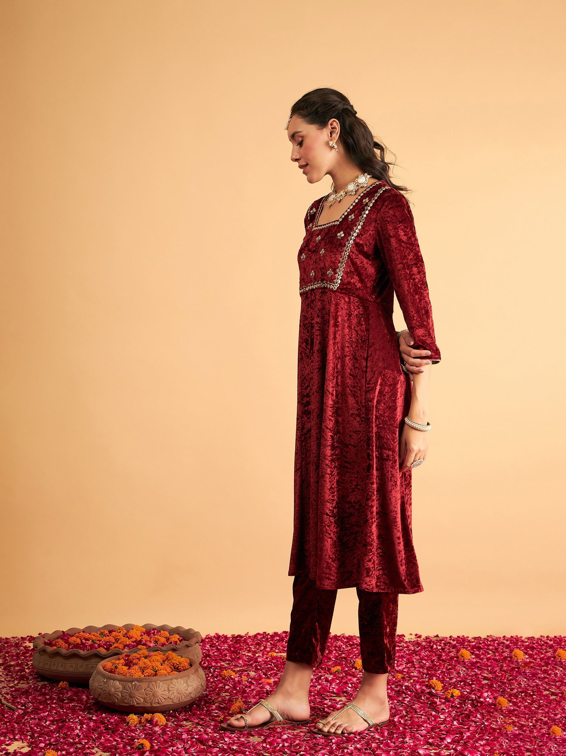 Maroon Velvet Embroidered Anarkali Dress-Shae by SASSAFRAS