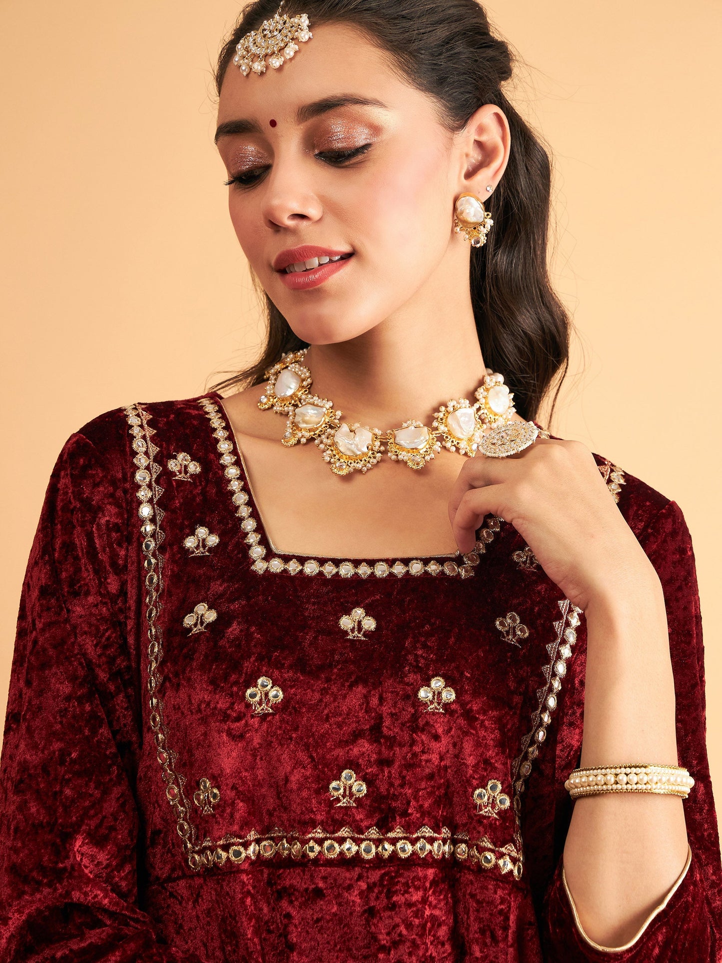 Maroon Velvet Embroidered Anarkali Dress-Shae by SASSAFRAS