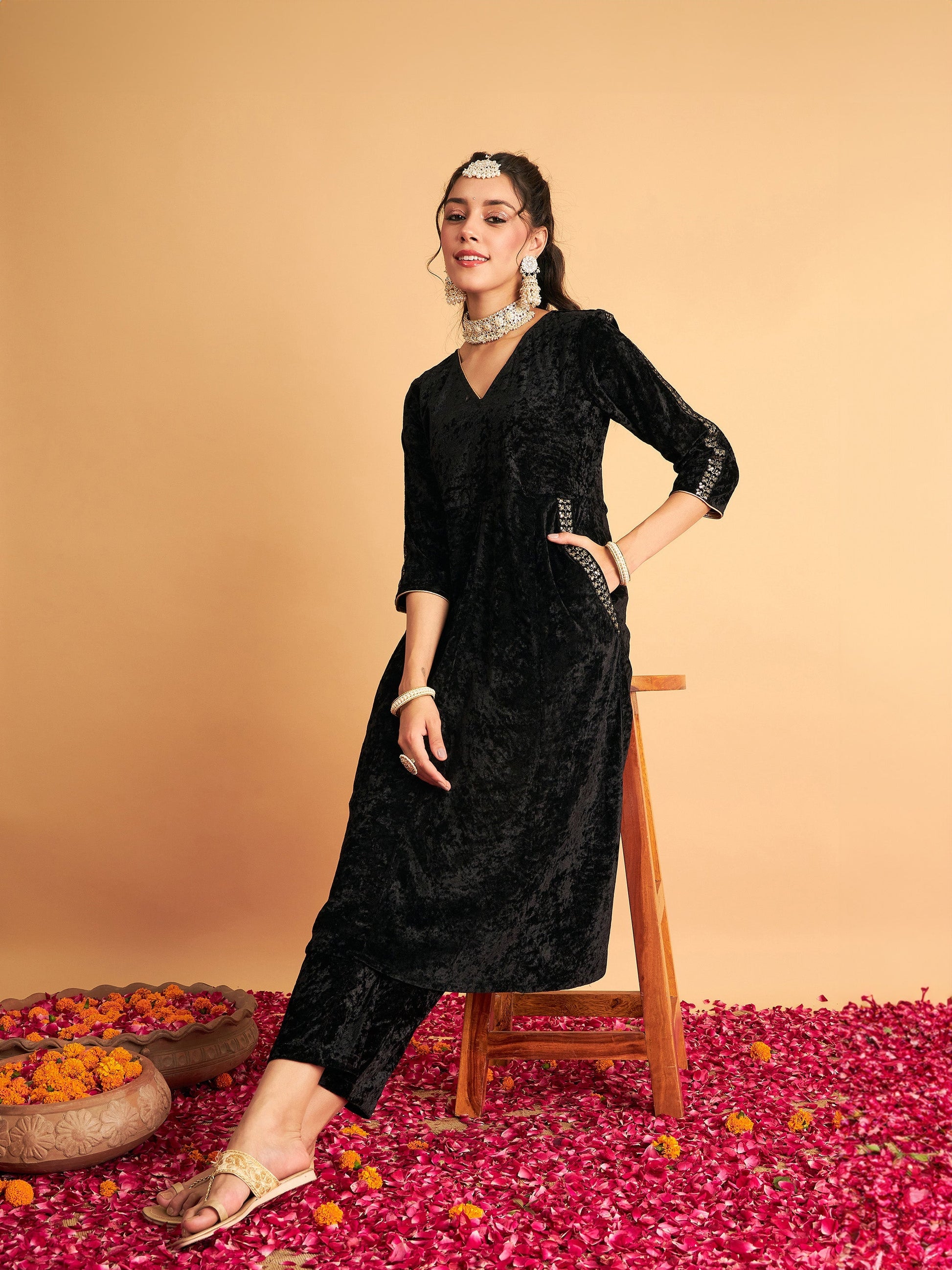 Black Velvet Embroidered Pocket Anarkali Dress-Shae by SASSAFRAS
