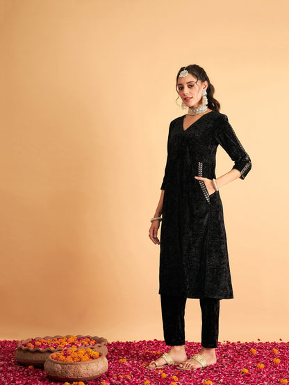 Black Velvet Embroidered Pocket Anarkali Dress-Shae by SASSAFRAS
