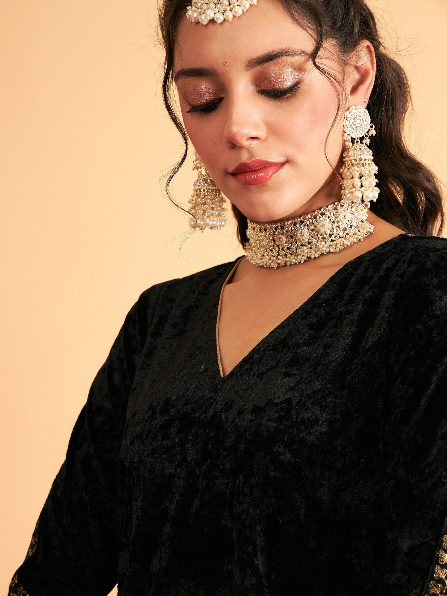 Black Velvet Embroidered Pocket Anarkali Dress-Shae by SASSAFRAS