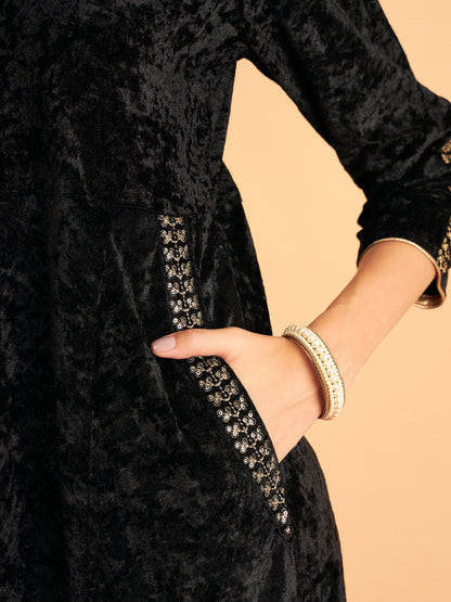 Black Velvet Embroidered Pocket Anarkali Dress-Shae by SASSAFRAS