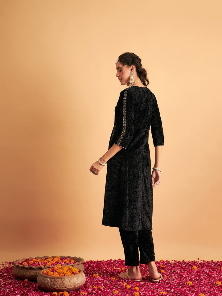 Black Velvet Embroidered Pocket Anarkali Dress-Shae by SASSAFRAS