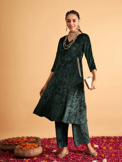Emerald Velvet Embroidered Pocket Anarkali Dress