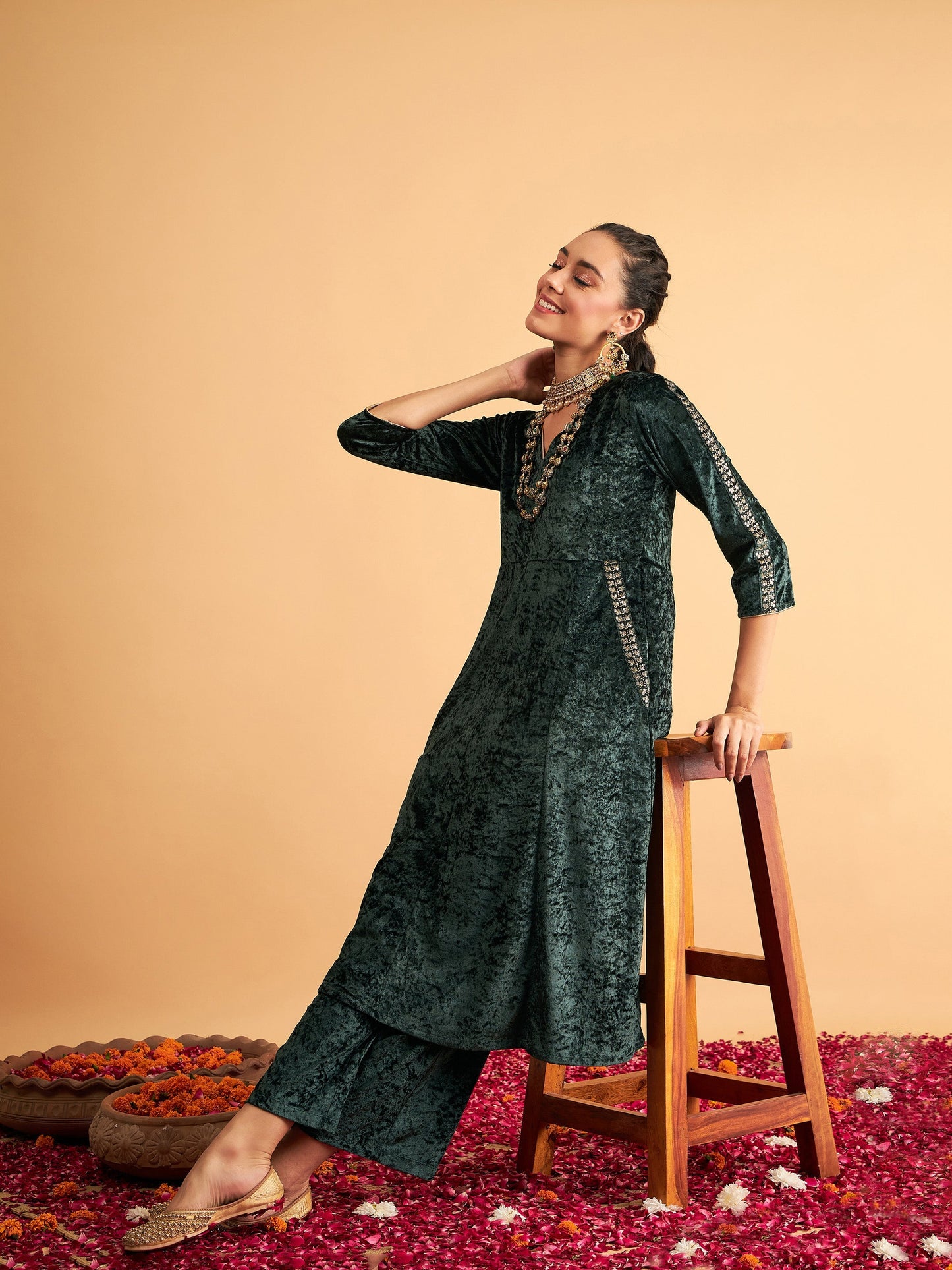 Emerald Velvet Embroidered Pocket Anarkali Dress