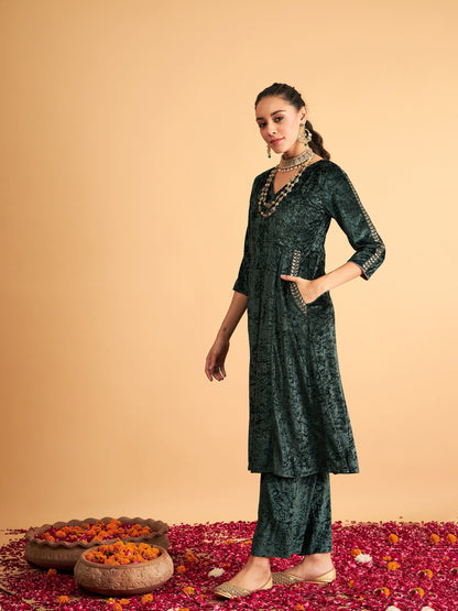 Emerald Velvet Embroidered Pocket Anarkali Dress