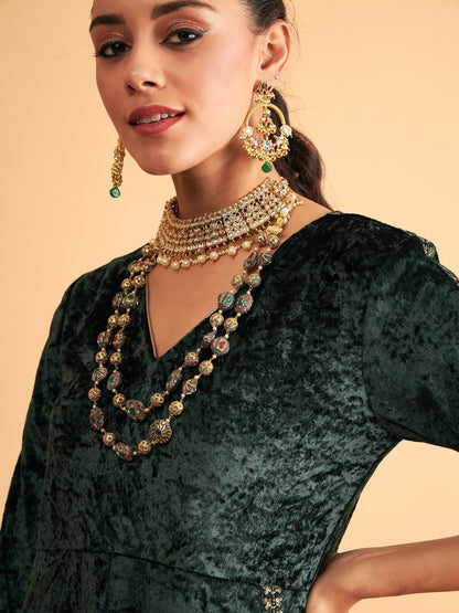 Emerald Velvet Embroidered Pocket Anarkali Dress