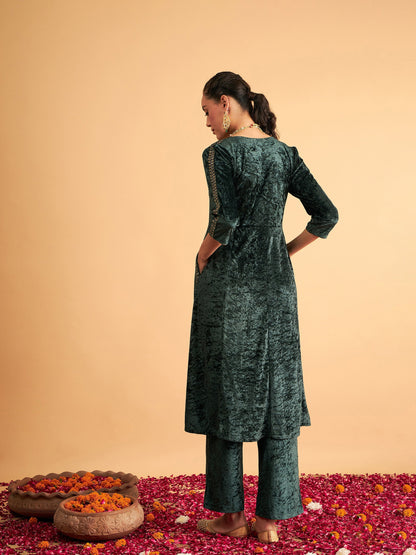 Emerald Velvet Embroidered Pocket Anarkali Dress