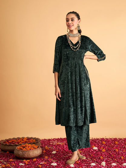 Emerald Velvet Embroidered Pocket Anarkali Dress