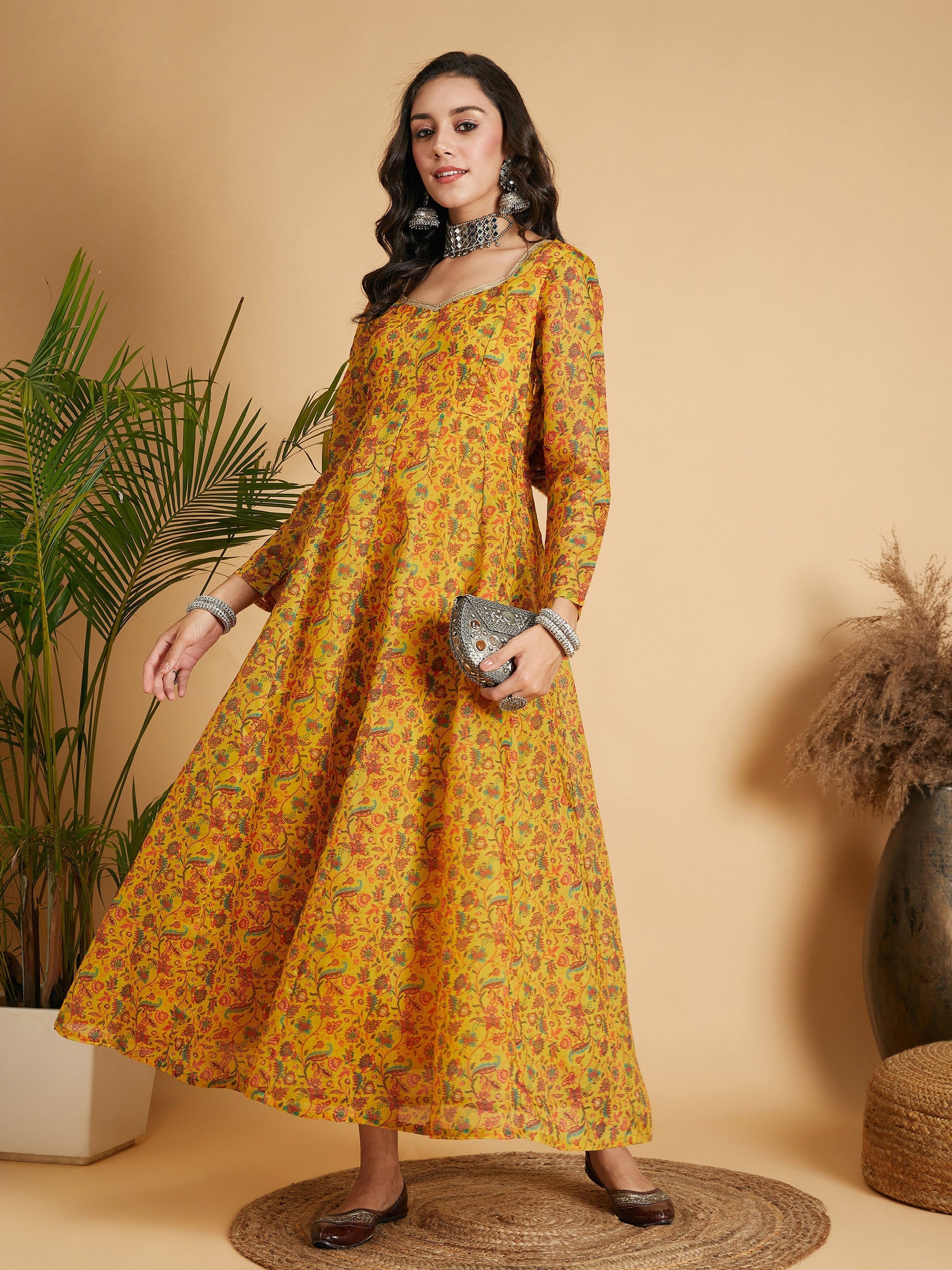 Mustard Floral Anarkali Maxi Dress-Shae by SASSAFRAS