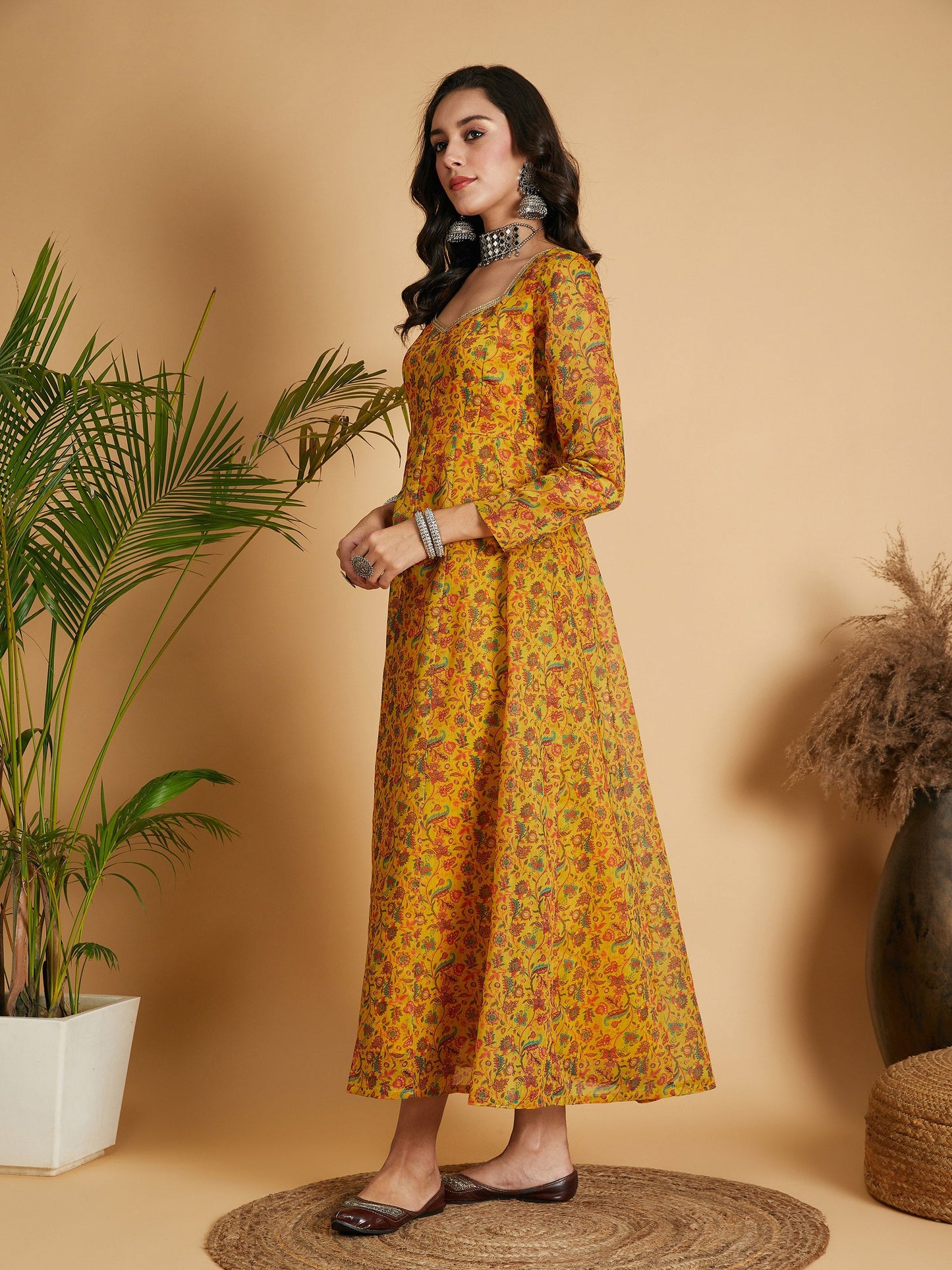 Mustard Floral Anarkali Maxi Dress-Shae by SASSAFRAS