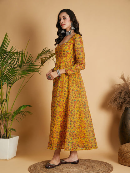 Mustard Floral Anarkali Maxi Dress-Shae by SASSAFRAS