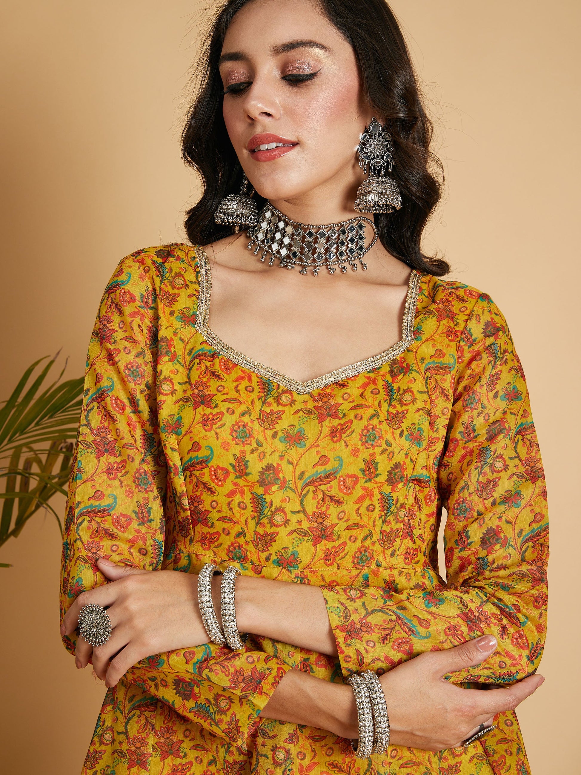 Mustard Floral Anarkali Maxi Dress-Shae by SASSAFRAS