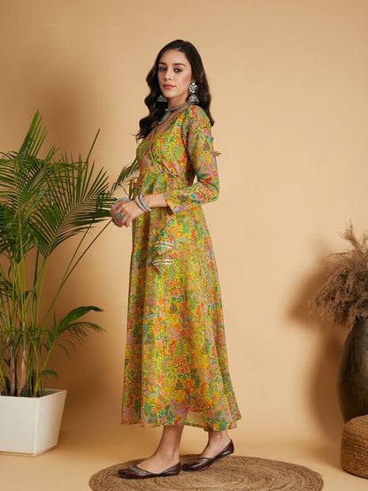 Lemon Yellow Floral Anarkali Maxi Dress-Shae by SASSAFRAS