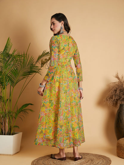 Lemon Yellow Floral Anarkali Maxi Dress-Shae by SASSAFRAS
